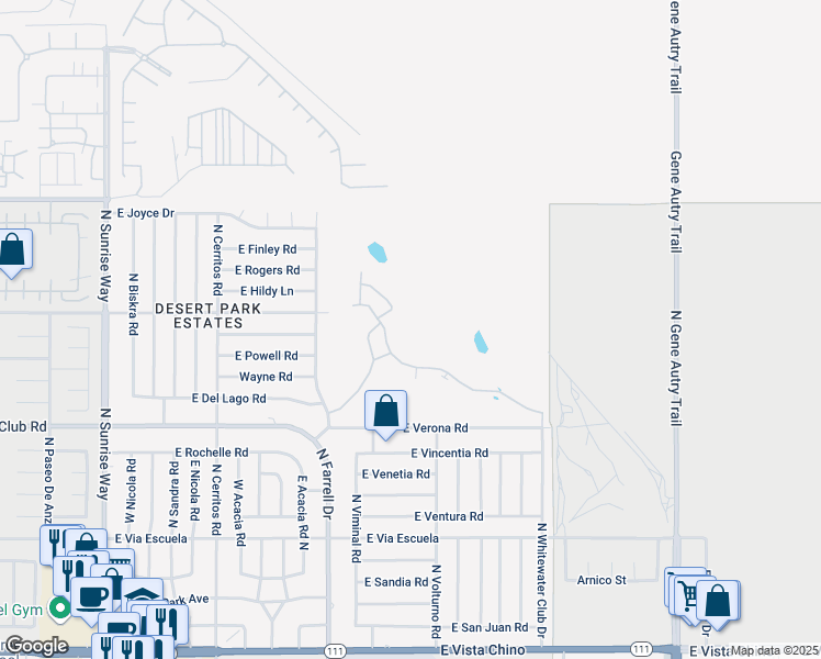 map of restaurants, bars, coffee shops, grocery stores, and more near 2548 North Whitewater Club Drive in Palm Springs