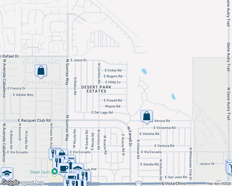 map of restaurants, bars, coffee shops, grocery stores, and more near 2347 East Bellamy Road in Palm Springs