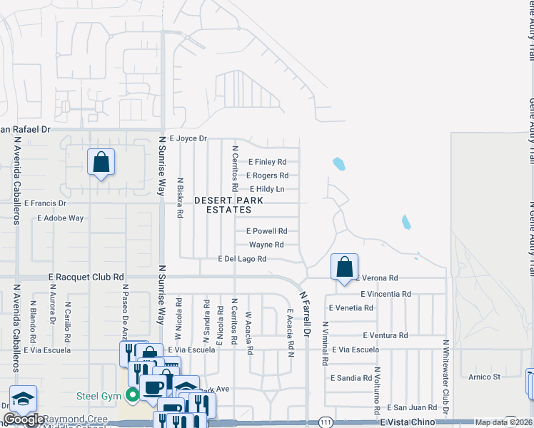 map of restaurants, bars, coffee shops, grocery stores, and more near 2347 East Bellamy Road in Palm Springs