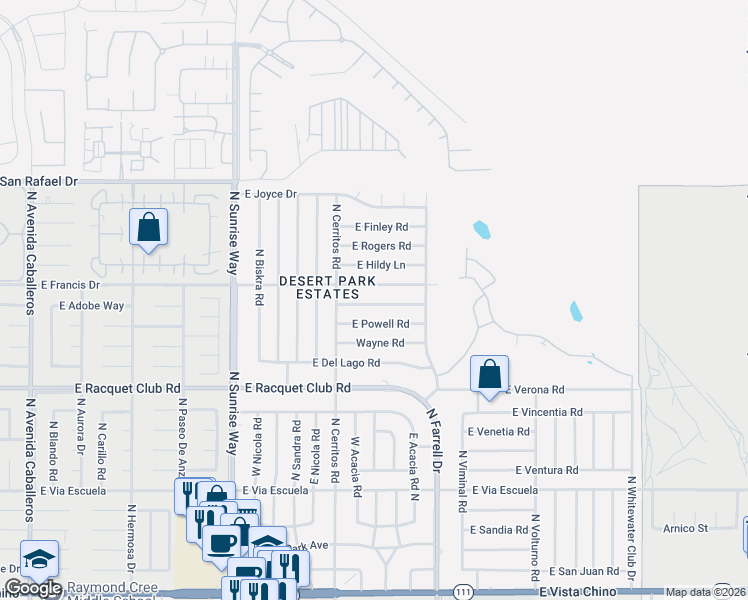 map of restaurants, bars, coffee shops, grocery stores, and more near 2347 East Bellamy Road in Palm Springs