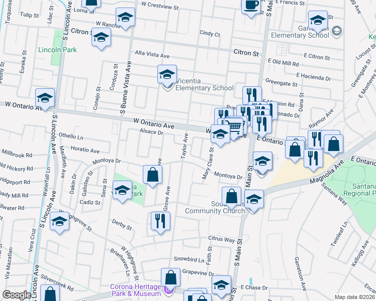 map of restaurants, bars, coffee shops, grocery stores, and more near 2313 Marysa Kathrin Street in Corona