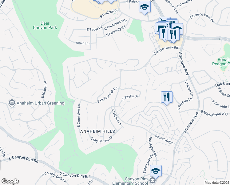 map of restaurants, bars, coffee shops, grocery stores, and more near 7638 East Hollow Oak Road in Anaheim