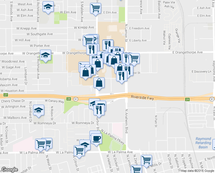 map of restaurants, bars, coffee shops, grocery stores, and more near 1611 South Pomona Avenue in Fullerton