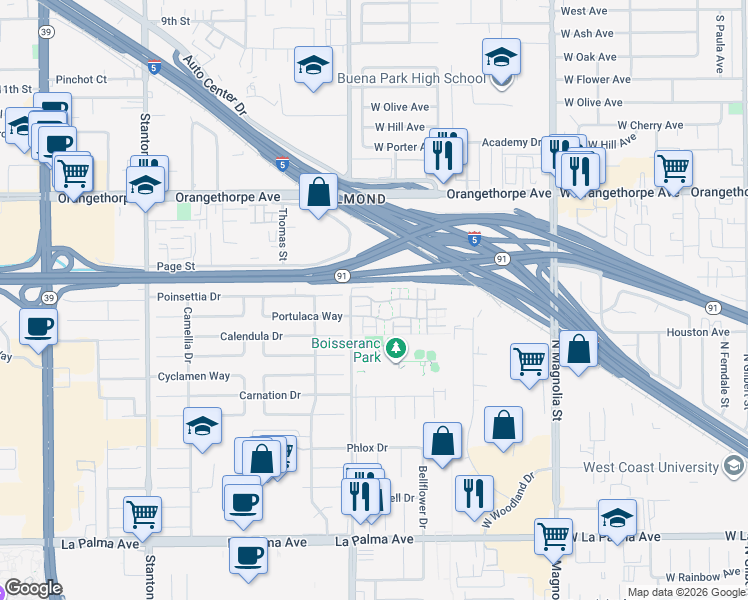 map of restaurants, bars, coffee shops, grocery stores, and more near 1421 North Greenhaven Lane in Anaheim