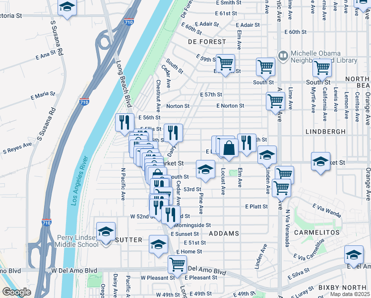 map of restaurants, bars, coffee shops, grocery stores, and more near 152 East Louise Street in Long Beach