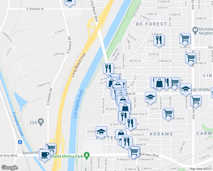 map of restaurants, bars, coffee shops, grocery stores, and more near 60 West Louise Street in Long Beach