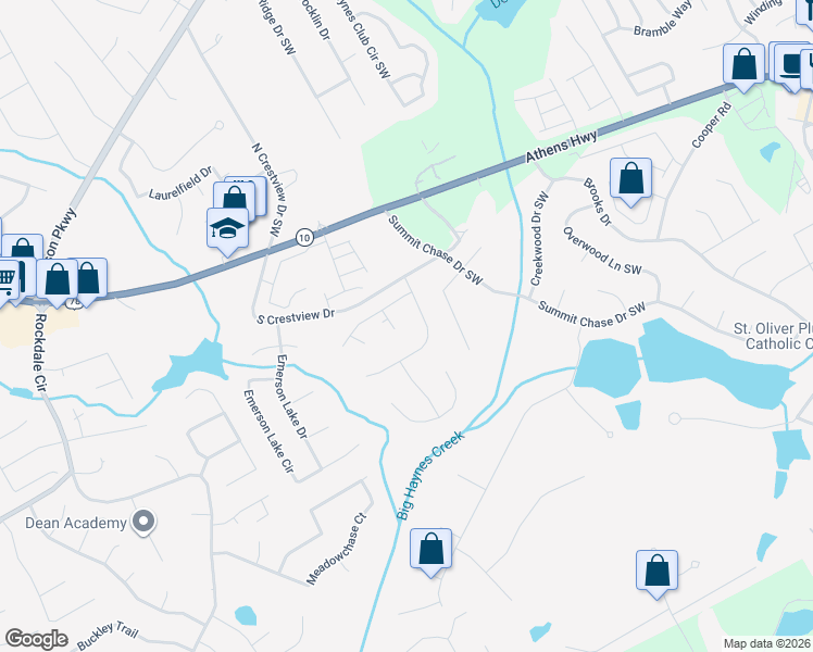 map of restaurants, bars, coffee shops, grocery stores, and more near 2925 Summit View Court in Snellville