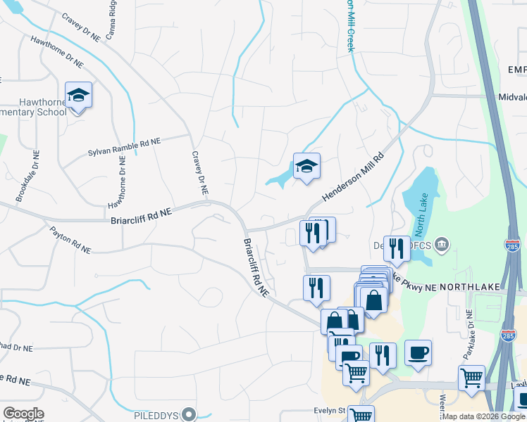map of restaurants, bars, coffee shops, grocery stores, and more near 3132 Queens Walk in Atlanta