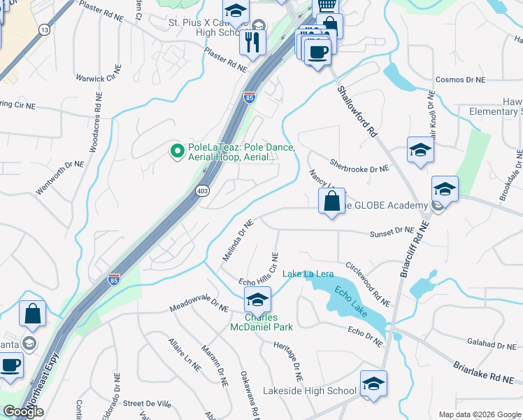 map of restaurants, bars, coffee shops, grocery stores, and more near 2384 Melinda Drive Northeast in Atlanta