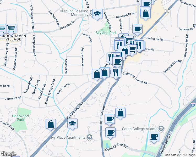 map of restaurants, bars, coffee shops, grocery stores, and more near 1983 Drew Valley Road Northeast in Atlanta