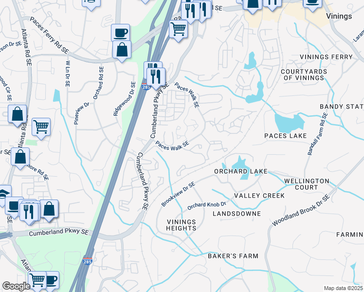 map of restaurants, bars, coffee shops, grocery stores, and more near 2623 Paces Ridge in Atlanta