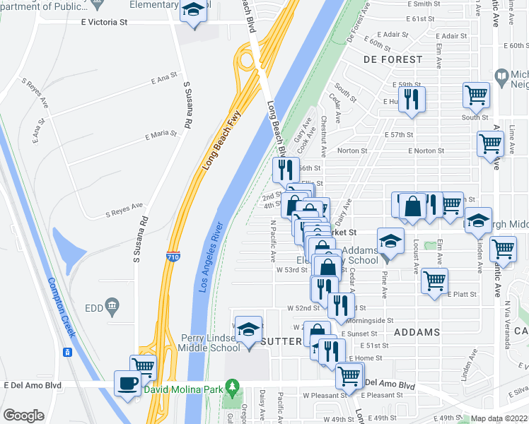 map of restaurants, bars, coffee shops, grocery stores, and more near 121 West Louise Street in Long Beach