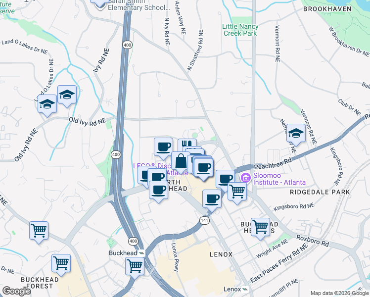 map of restaurants, bars, coffee shops, grocery stores, and more near 700 Park Regency Place Northeast in Atlanta