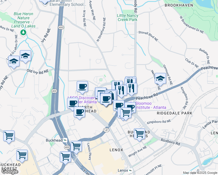 map of restaurants, bars, coffee shops, grocery stores, and more near 750 Park Avenue Northeast in Atlanta