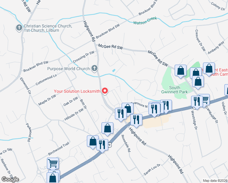 map of restaurants, bars, coffee shops, grocery stores, and more near 1998 Thorngate Lane in Snellville