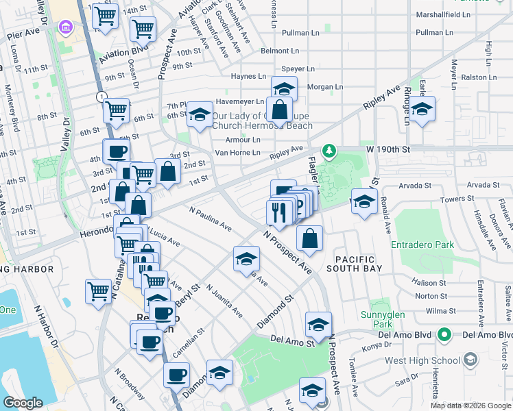 map of restaurants, bars, coffee shops, grocery stores, and more near 1201 Amethyst Street in Redondo Beach