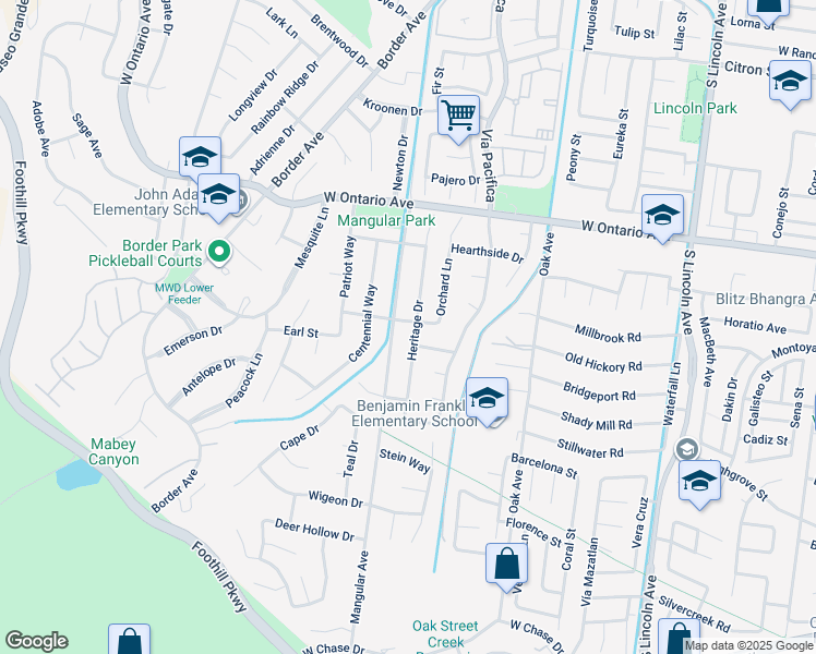 map of restaurants, bars, coffee shops, grocery stores, and more near 2410 Heritage Drive in Corona