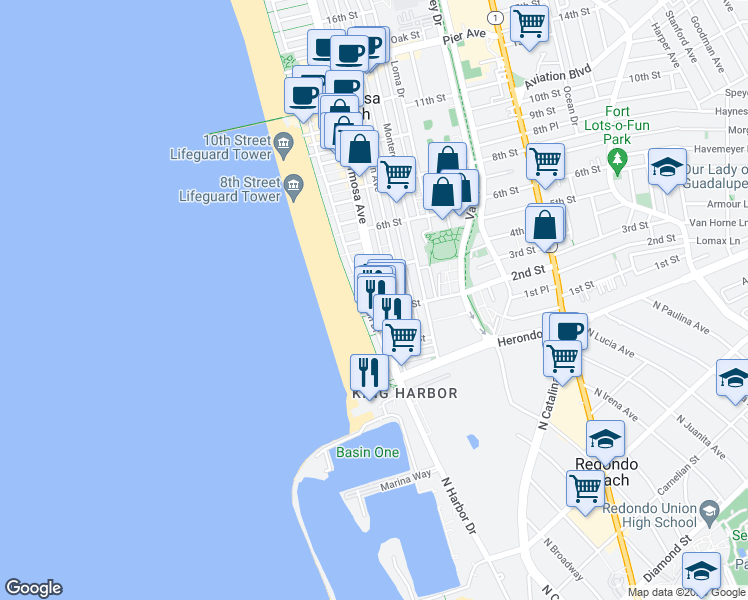 map of restaurants, bars, coffee shops, grocery stores, and more near 251 Hermosa Avenue in Hermosa Beach