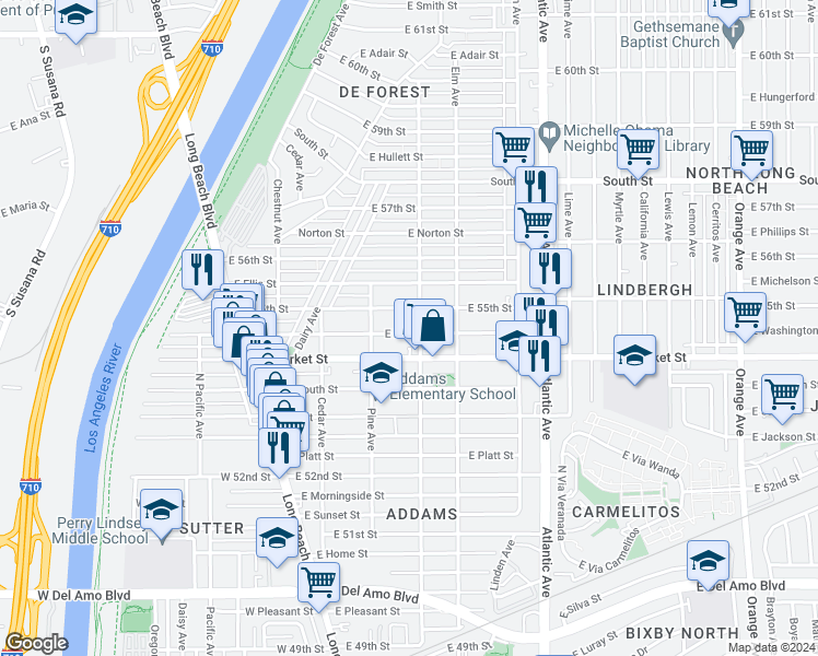 map of restaurants, bars, coffee shops, grocery stores, and more near 271 East Louise Street in Long Beach