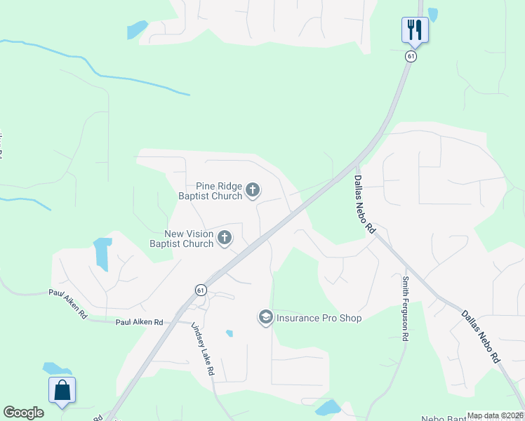 map of restaurants, bars, coffee shops, grocery stores, and more near 96 Pine Ridge Church Road in Dallas