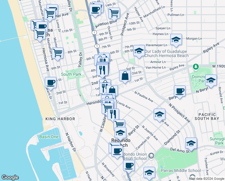 map of restaurants, bars, coffee shops, grocery stores, and more near 824 1st Street in Hermosa Beach