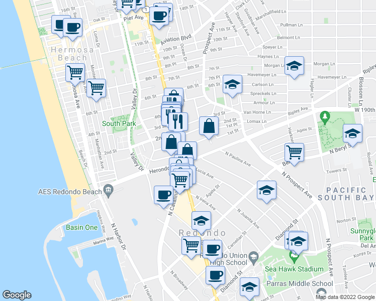 map of restaurants, bars, coffee shops, grocery stores, and more near 824 1st Street in Hermosa Beach