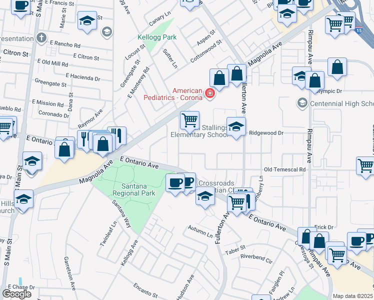 map of restaurants, bars, coffee shops, grocery stores, and more near 713 Kingfisher Court in Corona