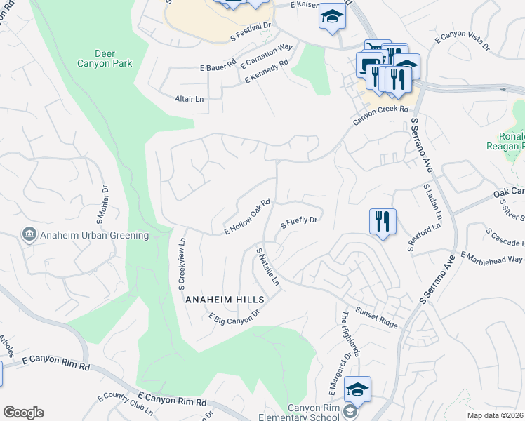 map of restaurants, bars, coffee shops, grocery stores, and more near 7668 East Hollow Oak Road in Anaheim