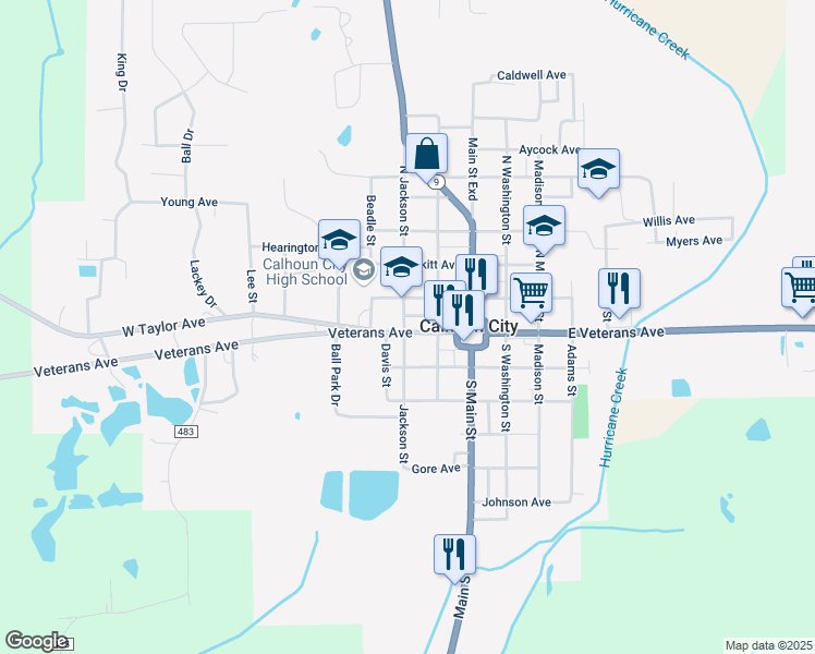map of restaurants, bars, coffee shops, grocery stores, and more near 304-312 W Russell Ave in Calhoun City