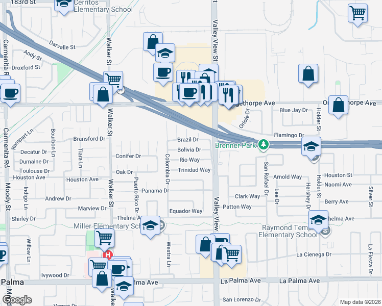 map of restaurants, bars, coffee shops, grocery stores, and more near 5856 Bolivia Drive in Buena Park