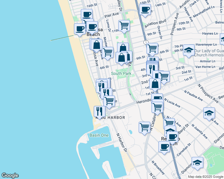 map of restaurants, bars, coffee shops, grocery stores, and more near 219 2nd Street in Hermosa Beach