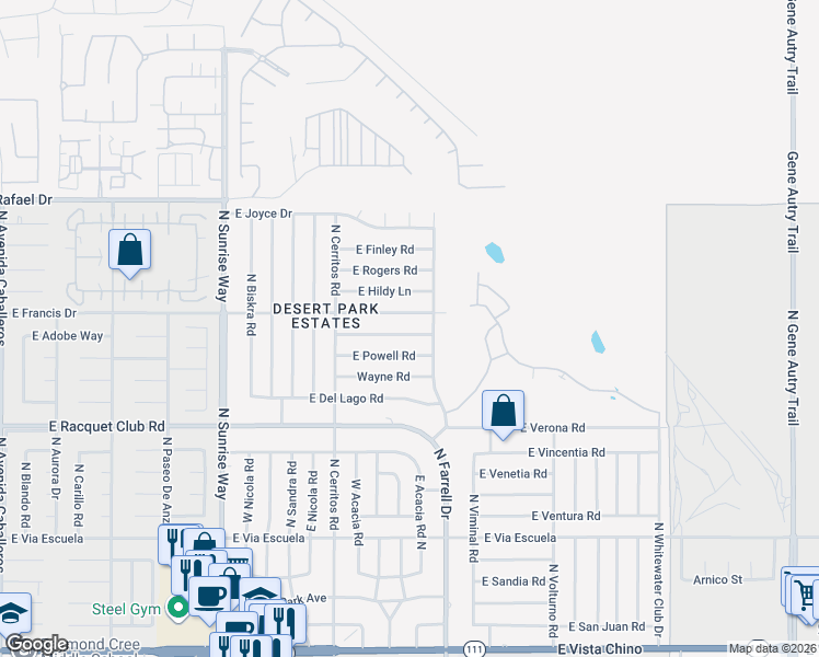 map of restaurants, bars, coffee shops, grocery stores, and more near 2404 East Bellamy Road in Palm Springs