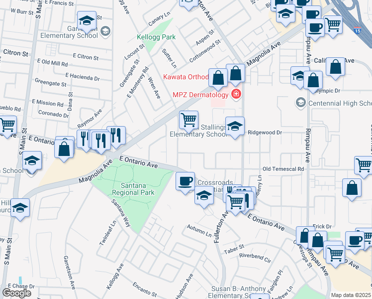 map of restaurants, bars, coffee shops, grocery stores, and more near 713 Kingfisher Court in Corona