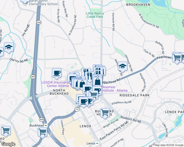 map of restaurants, bars, coffee shops, grocery stores, and more near 3626 Peachtree Road Northeast in Atlanta