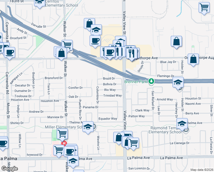 map of restaurants, bars, coffee shops, grocery stores, and more near 5826 Bolivia Drive in Buena Park
