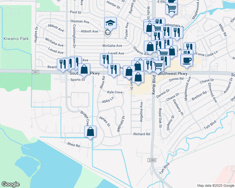 map of restaurants, bars, coffee shops, grocery stores, and more near 2905 Abby Lane in Wichita Falls