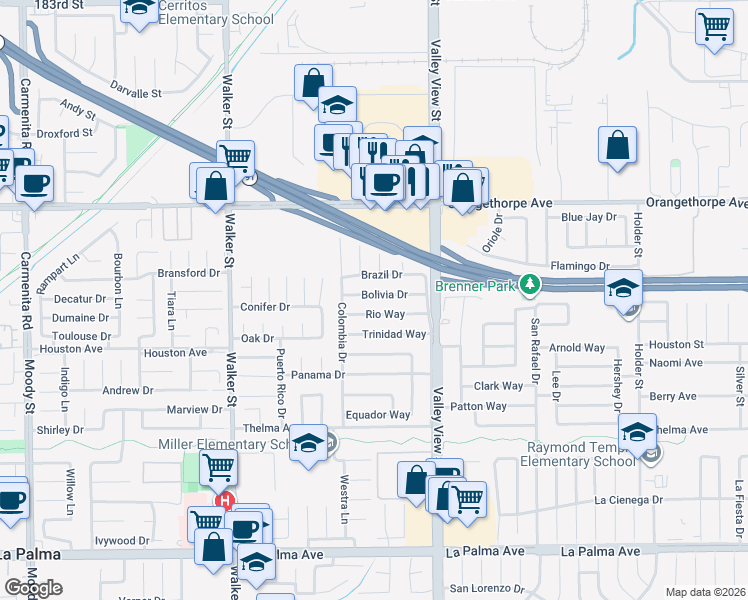 map of restaurants, bars, coffee shops, grocery stores, and more near 5826 Bolivia Drive in Buena Park