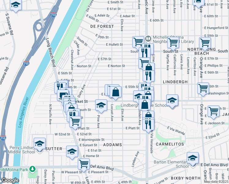 map of restaurants, bars, coffee shops, grocery stores, and more near 309 East Louise Street in Long Beach