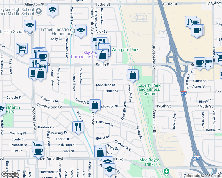 map of restaurants, bars, coffee shops, grocery stores, and more near 5357 Iroquois Avenue in Lakewood