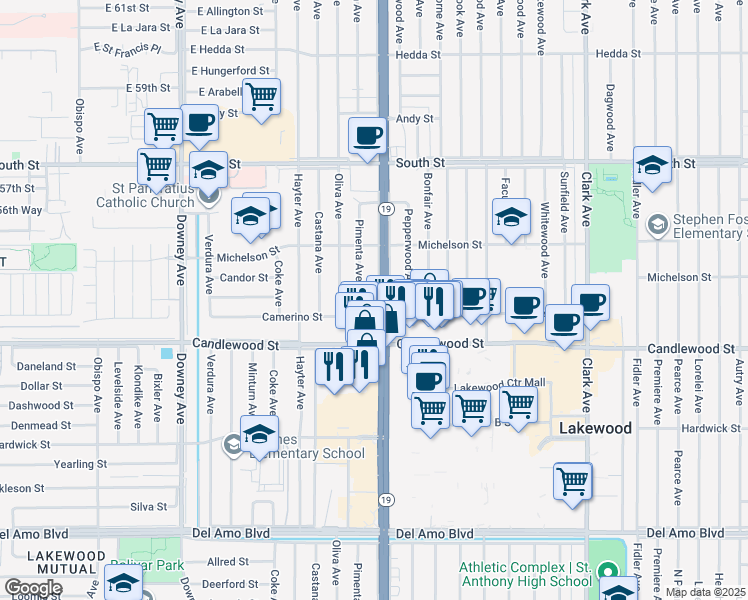 map of restaurants, bars, coffee shops, grocery stores, and more near 5407 Lakewood Boulevard in Lakewood