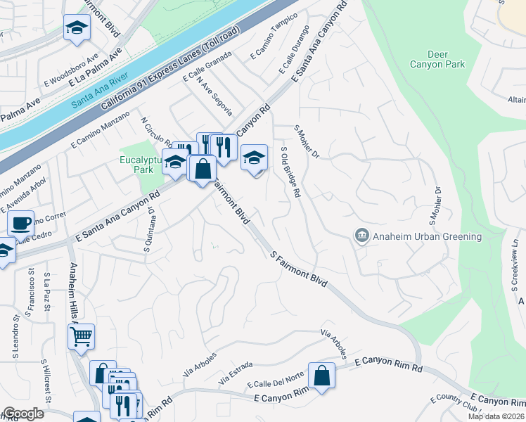 map of restaurants, bars, coffee shops, grocery stores, and more near 260 South Willowcreek Lane in Anaheim