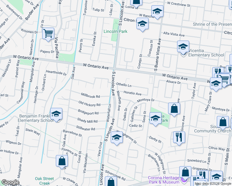map of restaurants, bars, coffee shops, grocery stores, and more near 2382 Macbeth Avenue in Corona