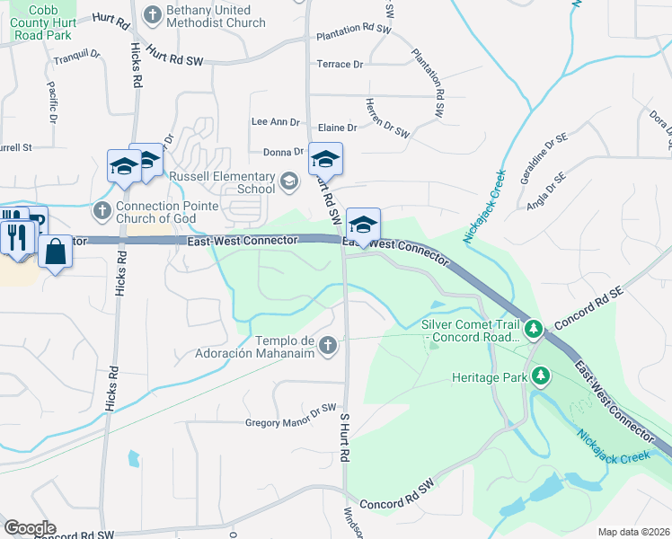 map of restaurants, bars, coffee shops, grocery stores, and more near 4175 Hill House Road Southwest in Smyrna