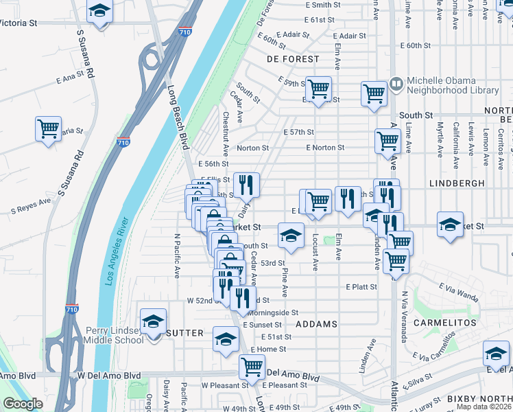 map of restaurants, bars, coffee shops, grocery stores, and more near 92 East Louise Street in Long Beach