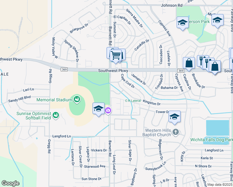 map of restaurants, bars, coffee shops, grocery stores, and more near Montreal Drive in Wichita Falls