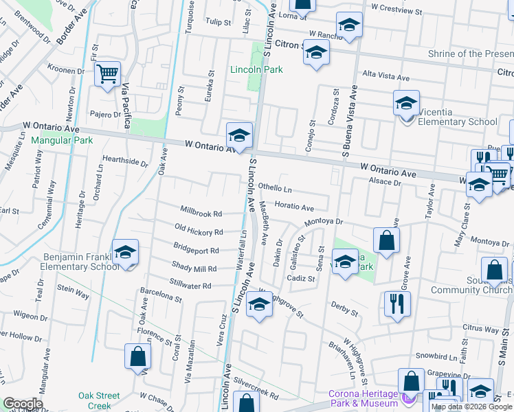 map of restaurants, bars, coffee shops, grocery stores, and more near 2463 Waterfall Lane in Corona