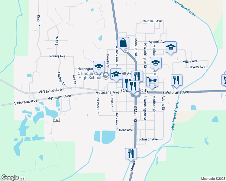 map of restaurants, bars, coffee shops, grocery stores, and more near 304 West Russell Avenue in Calhoun City