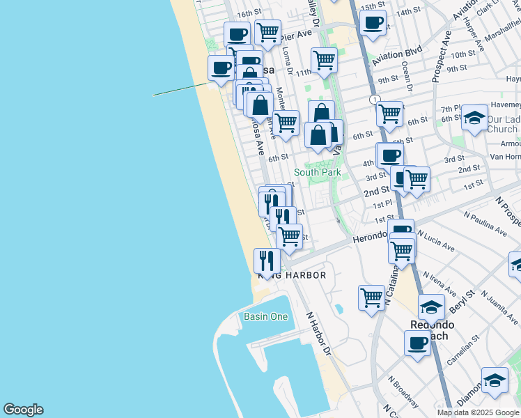 map of restaurants, bars, coffee shops, grocery stores, and more near 238 The Strand in Hermosa Beach