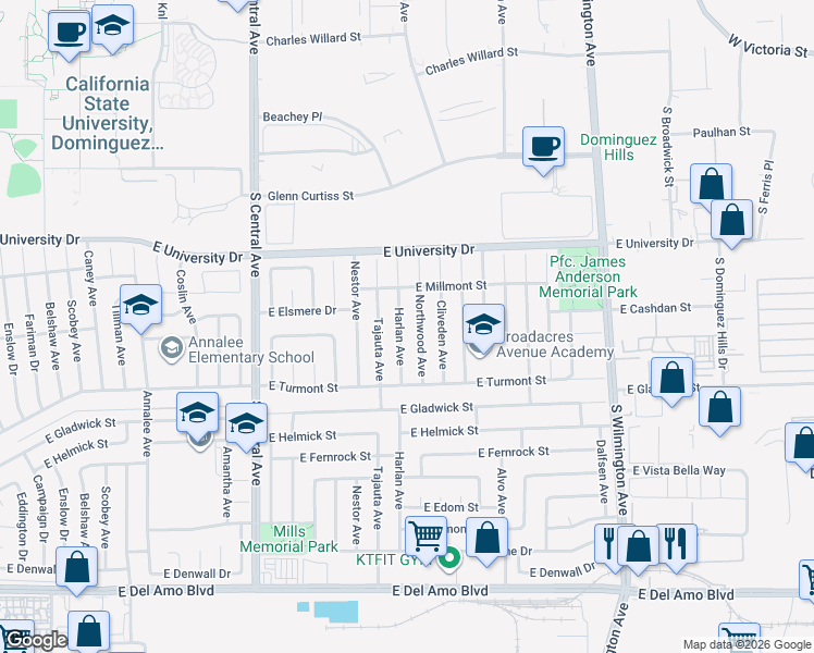 map of restaurants, bars, coffee shops, grocery stores, and more near 19322 Northwood Avenue in Carson