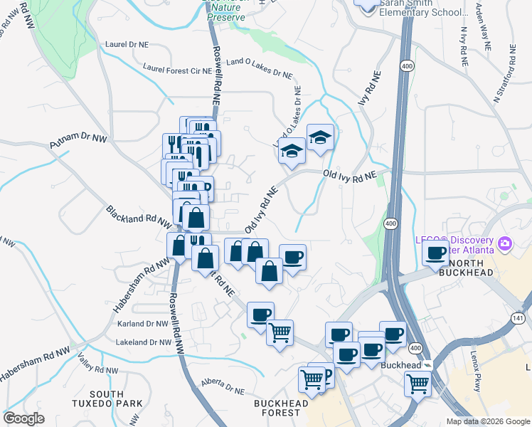 map of restaurants, bars, coffee shops, grocery stores, and more near 150 Old Ivy Road Northeast in Atlanta